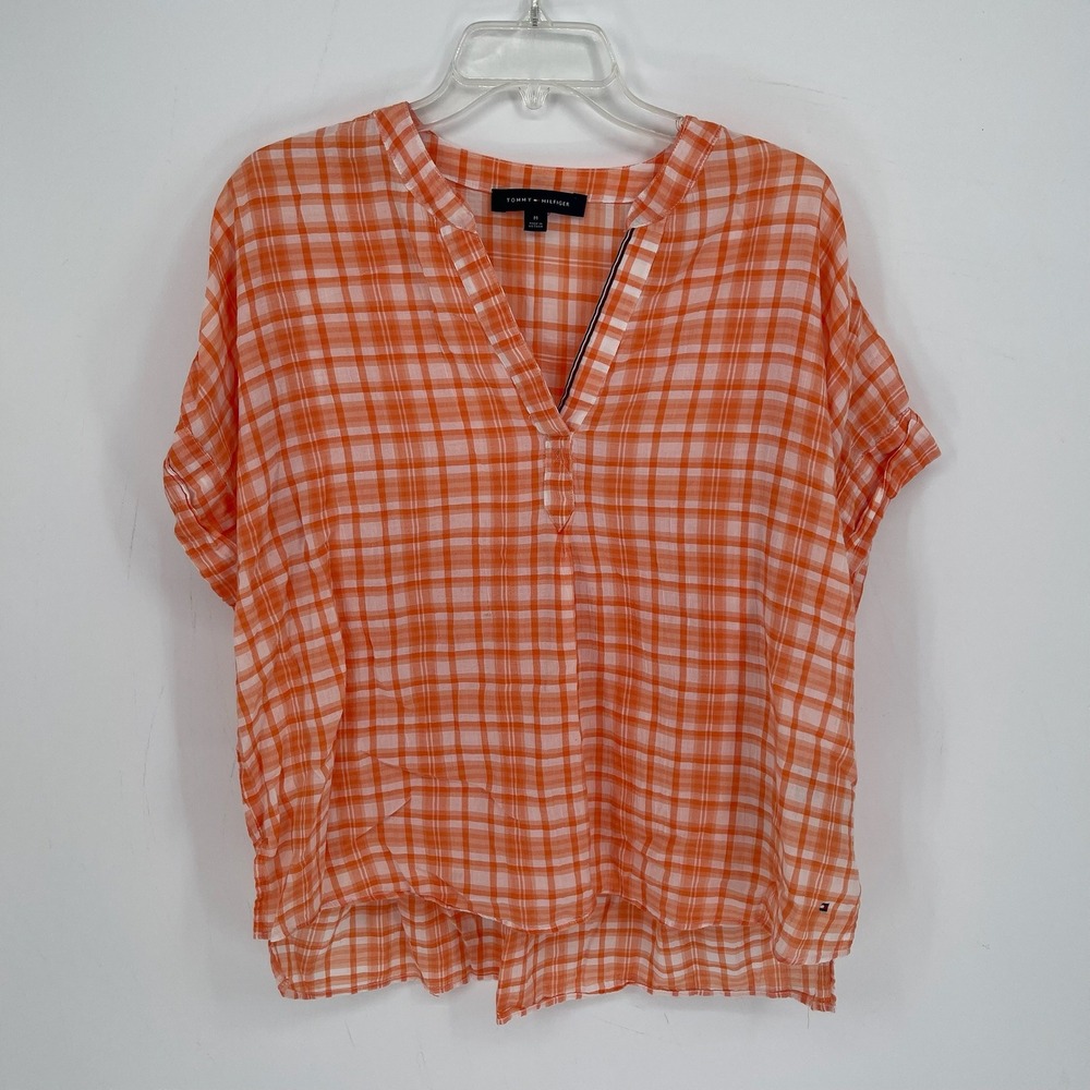 Tommy Hilfiger Women's Orange Plaid Short Sleeve V-Neck Popover Blouse Size M